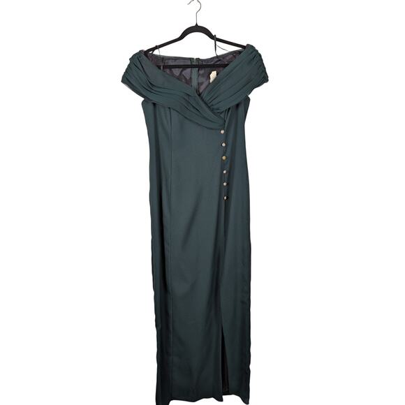 Vtg 1990s Formal Dress Womens Small Dark Green Off the Shoulder Prom Wedding - Picture 1 of 8